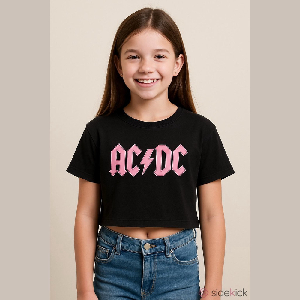 Girls Wonder Nation AC/DC Black Pink Short Sleeve Crop Top L
